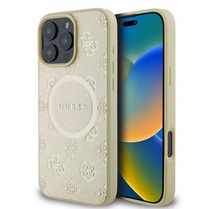 Guess Saffiano Peony klasiskā logotipa magnētiskais viedtālruņa apvalks iPhone 16 Pro - zelta