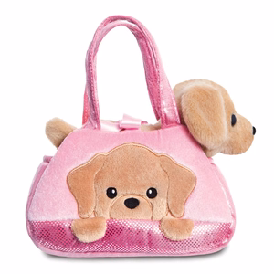 Fancy Pals PeekaBoo videi draudzīga labradora plīša rotaļlieta rozā somiņā, 20 cm