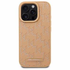 Karl Lagerfeld ādas monogrammas metāla logotipa magnētiskais viedtālruņa apvalks iPhone 16 Pro - bēšs