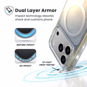 Speck Presidio Lux MagSafe vāciņš ierīcei iPhone 17 Pro, “Hyper Mirror Glitter / Silver Metallic” krāsā