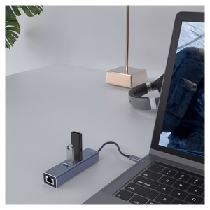 Savio AK-57 USB-A uz 3x USB-A centrmezgls ar RJ-45 Gigabit Ethernet adapteri, USB 3.2 Gen 1, melns/pelēks