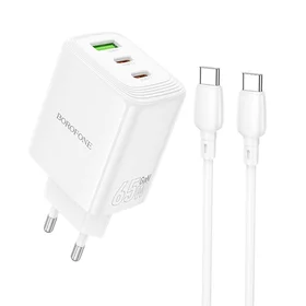 Borofone sienas lādētājs BN32 Cargador GaN - USB + 2xType C - QC 3.0 PD 65W ar Type C uz Type C balts