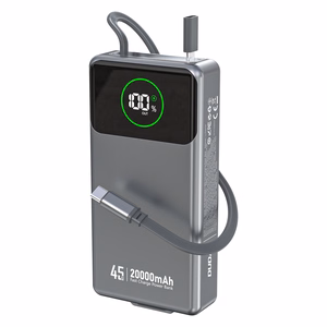 Dudao K31 Pro 45W 20000mAh portatīvais lādētājs ar iebūvētu izbīdāmu USB-C kabeli - pelēka
