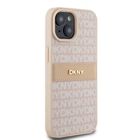 DKNY Ādas mono svītra un metāla logotips viedtālruņa apvalks iPhone 15 Plus / 14 Plus - rozā