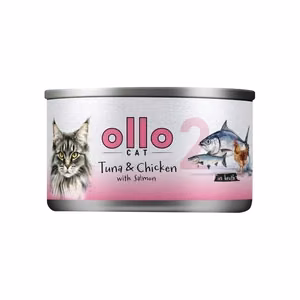 Ollo Cat No. 2 – mitrā kaķu barība ar tunci, vistas gaļu un lasi buljonā, 70 g
