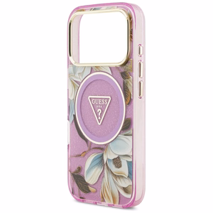 Guess IML Glitter Flowers Triangle MagSafe maciņš modelim iPhone 17 Pro / 18 Pro – violets