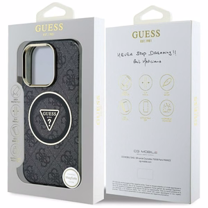 Guess IML Metal Glitter 4G Circle Triangle magnētiskais viedtālruņa apvalks iPhone 16 Pro - melns