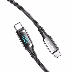 Vention kokvilnas pīts USB 2.0 C Male uz C Male 5A kabelis ar LED displeju 1.2M, melns, cinka sakausējums