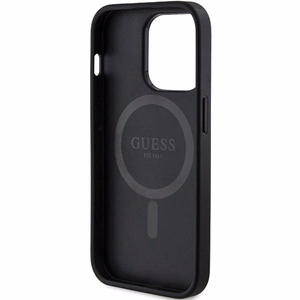 Guess 4G kolekcija ādas metāla logotips Magnētiskais apvalks iPhone 15 Pro - melns