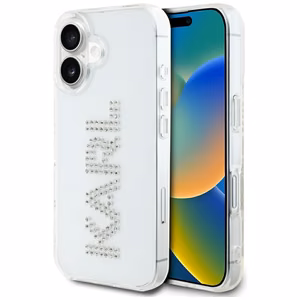 Karl Lagerfeld IML Rhinestones Logo viedtālruņa apvalks iPhone 16 - caurspīdīgs