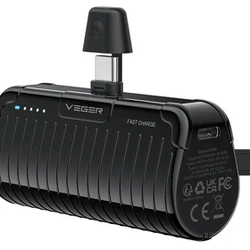VEGER portatīvais lādētājs 5000 mAh ar iebūvētu savienotāju Type C PlugOn PD QC3.0 3A 20W W0558 melna