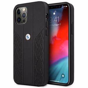 BMW ādas apvalks ar izliektu perforāciju iPhone 12 Pro Max - melns