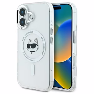 Karl Lagerfeld IML Metal Choupette Head magnētiskais viedtālruņa apvalks iPhone 16 Plus - balts