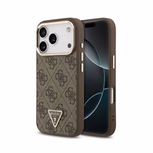 Guess PU Leather 4G Strass Triangle Logo Gold Frame MagSafe vāciņš Apple iPhone 18 Pro, brūns