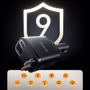 Orico Twin Reach 45W USB-A + USB-C auto lādētājs ar diviem izvelkamiem USB-C kabeļiem - melns