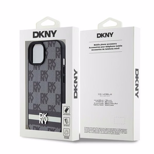 DKNY Ādas rūtainais mono raksts un drukātās svītras viedtālruņa apvalks iPhone 15 Plus / 14 Plus - melns