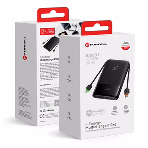 FORCELL F-ENERGY F10K6 Multicharge ārējais akumulators ar iebūvētiem USB-C un Lightning kabeļiem, PD, QC3.0, 3 A, 22,5 W, 10000 mAh, melns