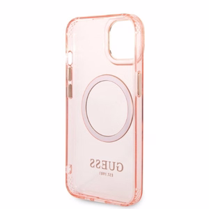 Guess GUHMP14SHTCMP iPhone 14 6.1" rozā cietais viedtālruņa apvalks ar zelta kontūru, caurspīdīgs, magnētiskais (MagSafe)
