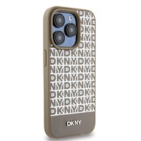 DKNY Ādas drukāts raksts metāla logotips Magnētiskais viedtālruņa apvalks iPhone 15 Pro - brūna