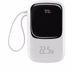 Baseus Qpow ar digitālo indikatoru portatīvais lādētājs ar ātru uzlādi 20000mAh 22.5W QC/PD/SCP/FCP ar iebūvētu USB-C kabeli balta