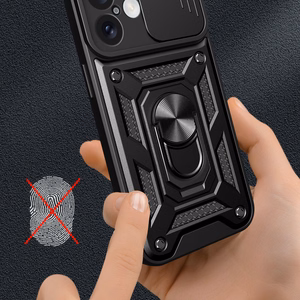 Hybrid Armor Camshield bruņots viedtālruņa apvalks iPhone 16 Plus ar kameras vāciņu un statīvu - melns
