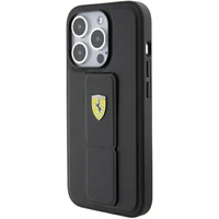 Ferrari Grip Stand Metal Logo apvalks iPhone 15 Pro – melns