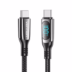 Vention kokvilnas pīts USB 2.0 C Male uz C Male 5A kabelis ar LED displeju 1.2M, melns, cinka sakausējums
