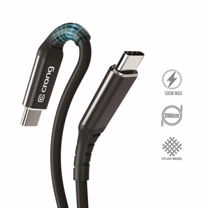 Crong Armor Link USB-C–USB-C kabelis, 200 cm, 100 W PD, 5 A, melns
