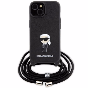Karl Lagerfeld krustveida Saffiano monogramma metāla piespraude Karl & Choupette viedtālruņa apvalks iPhone 15 - melns