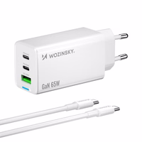 Wozinsky GaN 65W lādētājs ar USB-A un 2xUSB-C pieslēgvietām un 65W USB-C kabeli - balts