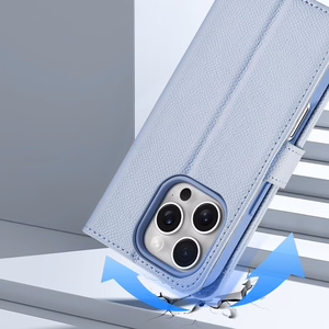 Dux Ducis Lawa iPhone 16 Pro ādas apvalks ar noņemamu magnētisko maku - zils