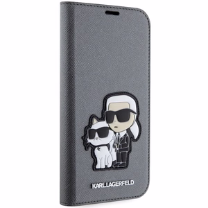 Karl Lagerfeld KLBKP14SSANKCPG iPhone 14 6.1" grāmatas tipa apvalks sudraba Saffiano Karl & Choupette