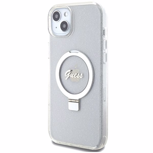Guess GUHMP15MHRSGSD iPhone 15 Plus / 14 Plus 6.7" caurspīdīgs/caurspīdīgs cietais apvalks Gredzena Statīvs Script Glitter Magnētiskais