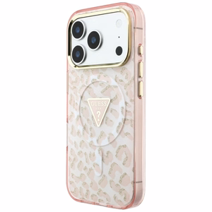 Guess IML Leopard Glitter Triangle Logo MagSafe maciņš modelim iPhone 17 Pro Max / 18 Pro Max – krāsa: rozā