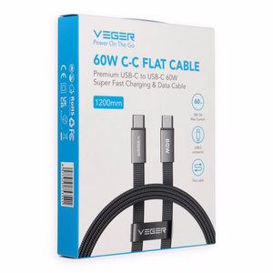 Plakans kabelis no C tipa uz C tipu VEGER PD 3A 60W CC06-MTB 1,2 m, melns