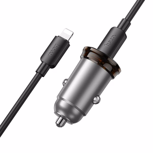 Automobiļa lādētājs Hoco 2 x USB C QC PD 45W + kabelis USB C uz Lightning NZ16B metāla pelēks