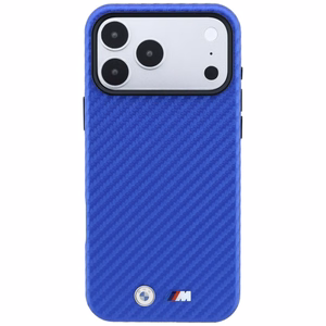 BMW aizsargvāciņš ierīcei iPhone 18 Pro Max / 17 Pro Max: (Carbon Metal Logo), saderīgs ar MagSafe, krāsa – zila