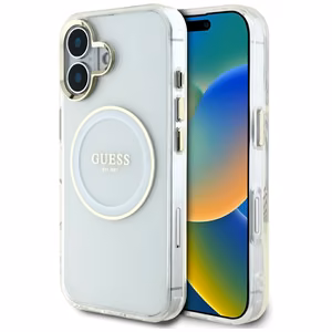 Guess IML Metal Colored Circle Classic Logo Magnētiskais viedtālruņa apvalks iPhone 16 - balts