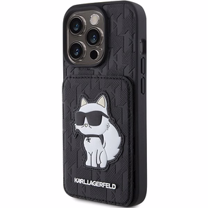 Karl Lagerfeld Saffiano Cardslots and Stand Monogram Choupette Viedtālruņa apvalks iPhone 15 Pro Max - melns