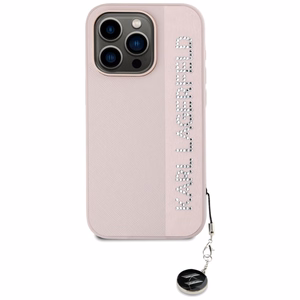 Karl Lagerfeld Saffiano Rhinestones & Charm viedtālruņa apvalks iPhone 15 Pro - rozā