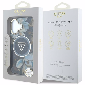 Guess Glitter Flowers Triangle Buttons Magnētiskais viedtālruņa apvalks iPhone 16 - melns