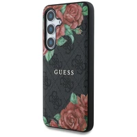 Guess ādas 4G ziedu raksta metāla klasiskais logotips magnētiskais viedtālruņa apvalks Samsung Galaxy S25 - melns