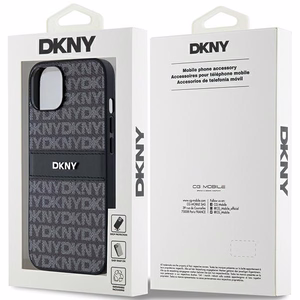 DKNY Ādas mono svītra un metāla logotips viedtālruņa apvalks iPhone 15 Plus / 14 Plus - melns