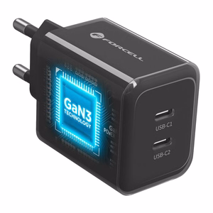 Forcell F-Energy GaN III Crystal Color VT-60 tālruņa lādētājs, 2 × USB-C, AVS, SSFC3.0, 60 W, ar silikona USB-C–USB-C kabeli, melns