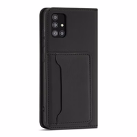 Magnētiskais karšu viedtālruņa apvalks Samsung Galaxy A12 5G ar karšu turētāju, melns