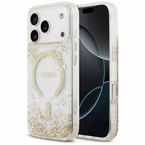 Guess чехол для iPhone 17 Pro совместимый с MagSafe GUHMP17LRGRGED (Resin Bottom Glitter) золотой
