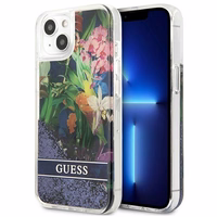 Guess GUHCP13SLFLSB iPhone 13 mini 5.4" zils cietais apvalks ziedu šķidrs spīdums