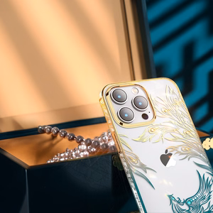 Luksusa iPhone 14 Plus apvalks ar Kingxbar Phoenix kristāliem - zelta un zils
