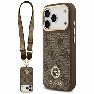 Guess 4G Strass Logo & Big Strap Metal Buttons Magnētiskais viedtālruņa apvalks iPhone 17 Pro - brūns