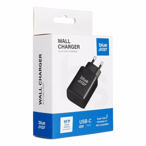 Blue Star USB-C lādētājs (iPhone 17 Pro / Pro Max) SFC 2.0 3A 60W, melns